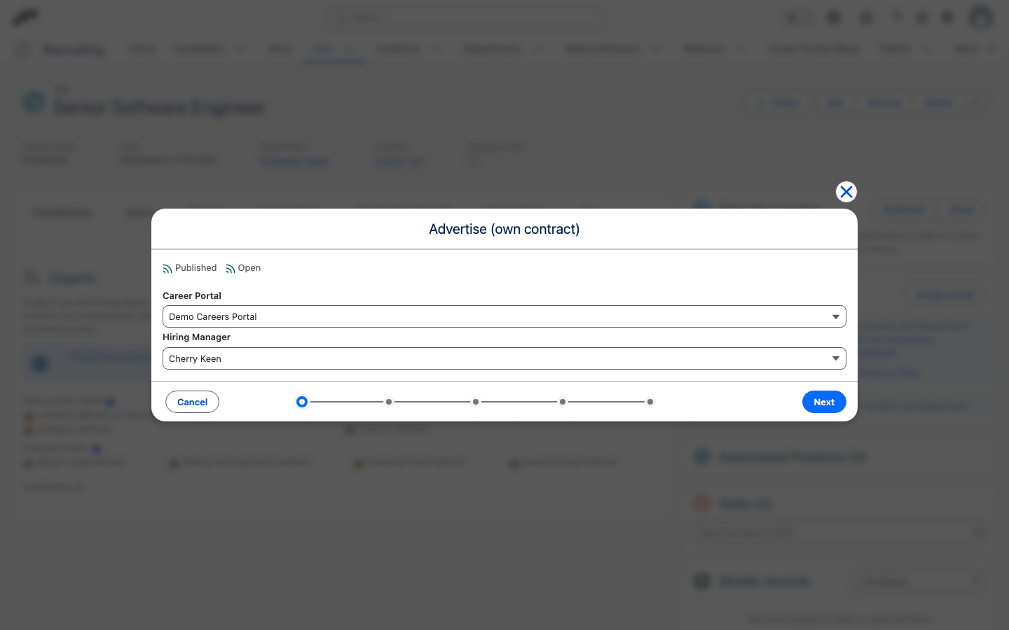 The Advertise (own contract) wizard on the Prerequisites step, showing the Published and Open job status with a Career Portal and Hiring Manager selected