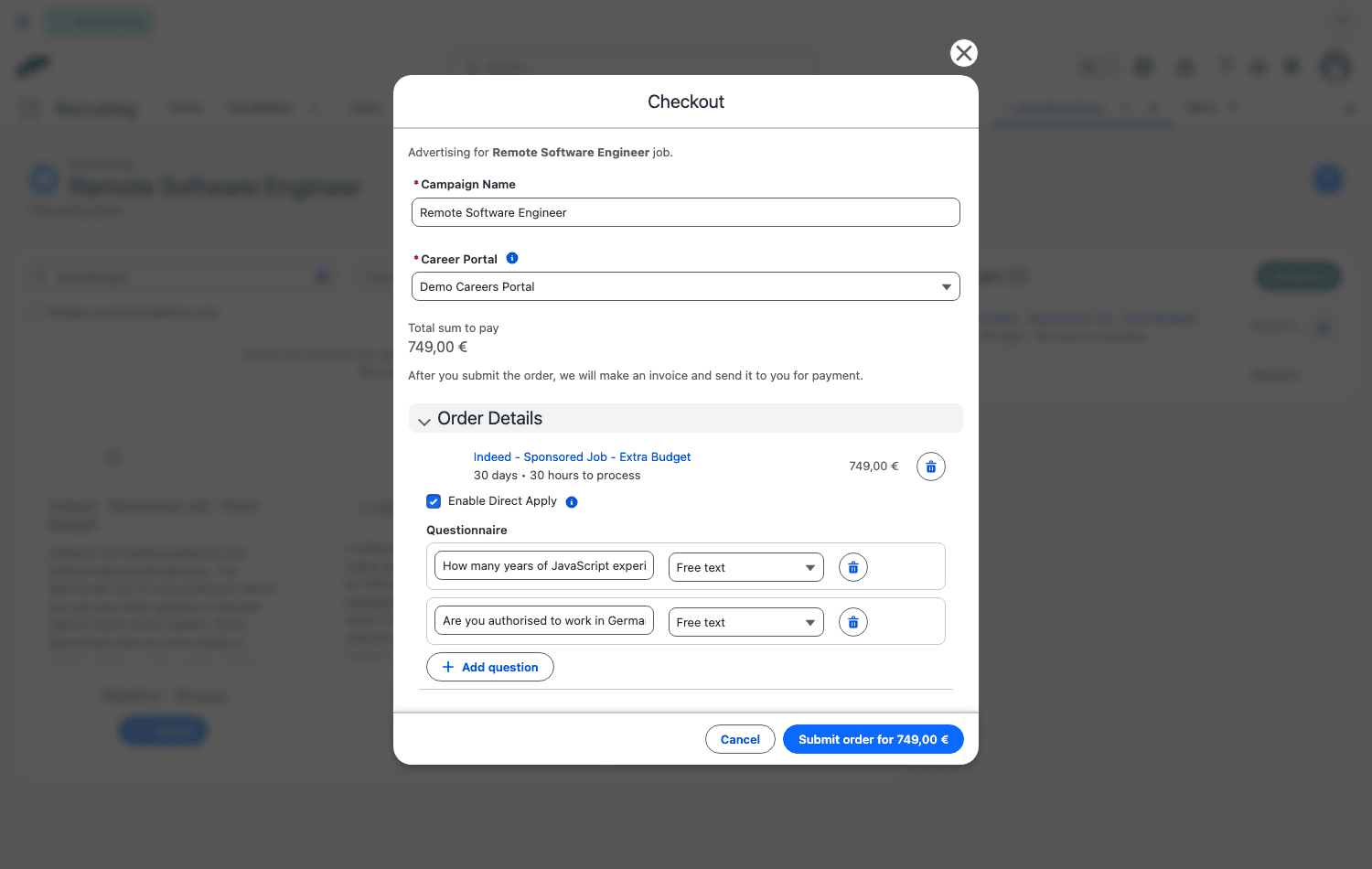 Direct Apply enabled with screening questions in checkout