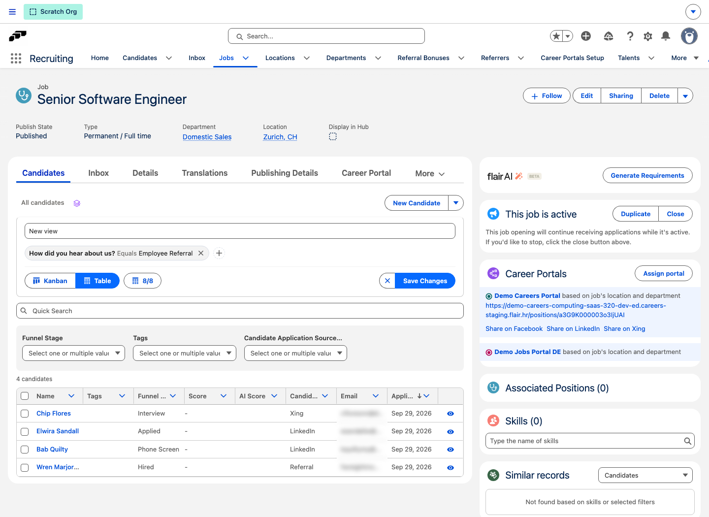 The Candidates list on a job with an applied filter pill above the quick filter dropdowns and the matching candidates