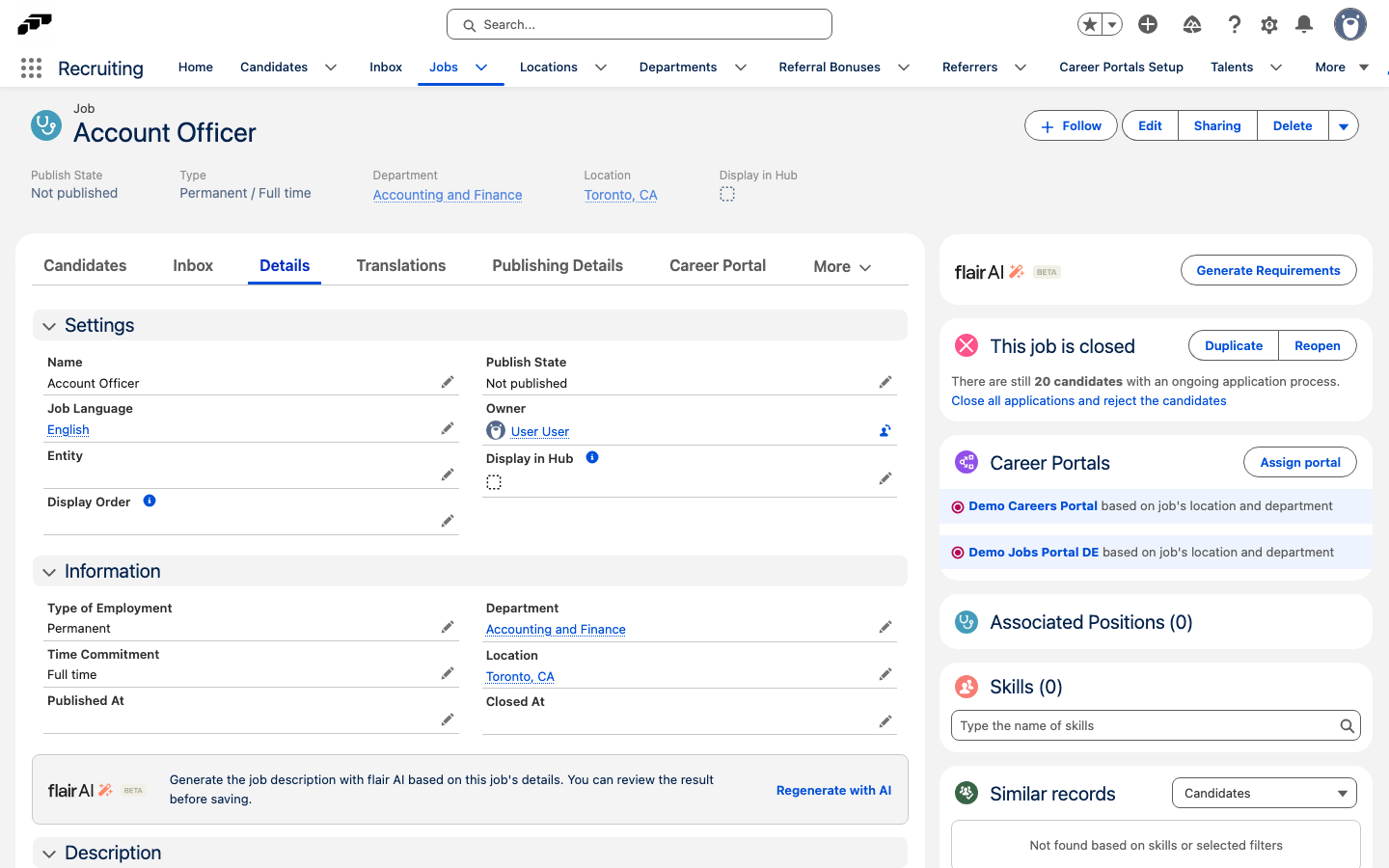 The flair AI card on a job's Details tab with the button to generate or regenerate the job description