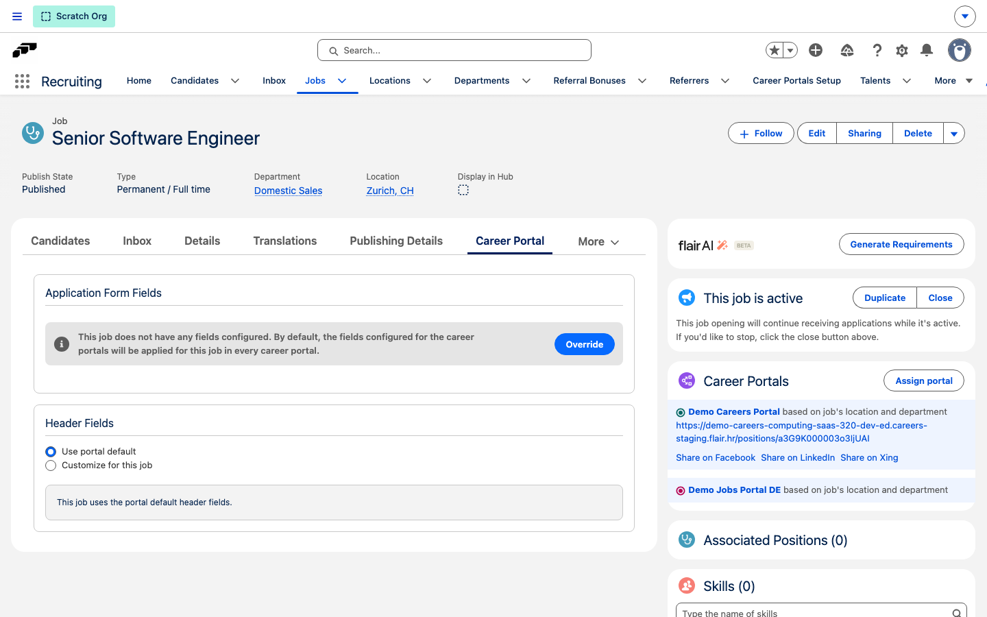 The Header Fields card on a job's Career Portal tab with Use portal default and Customize for this job