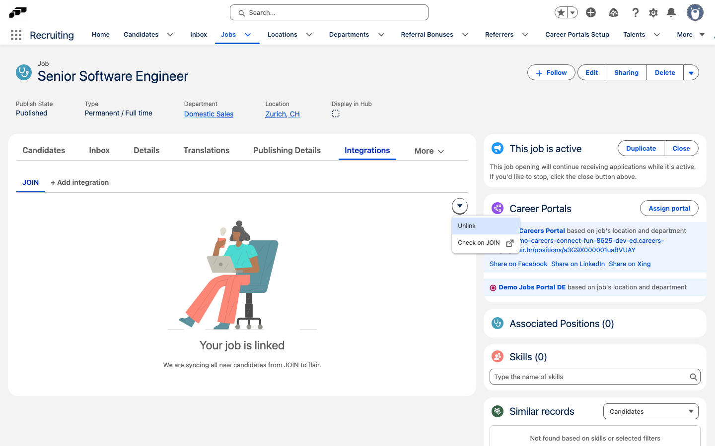 The JOIN sub-tab on a job's Integrations tab showing Your job is linked, with the menu open on Unlink and Check on JOIN