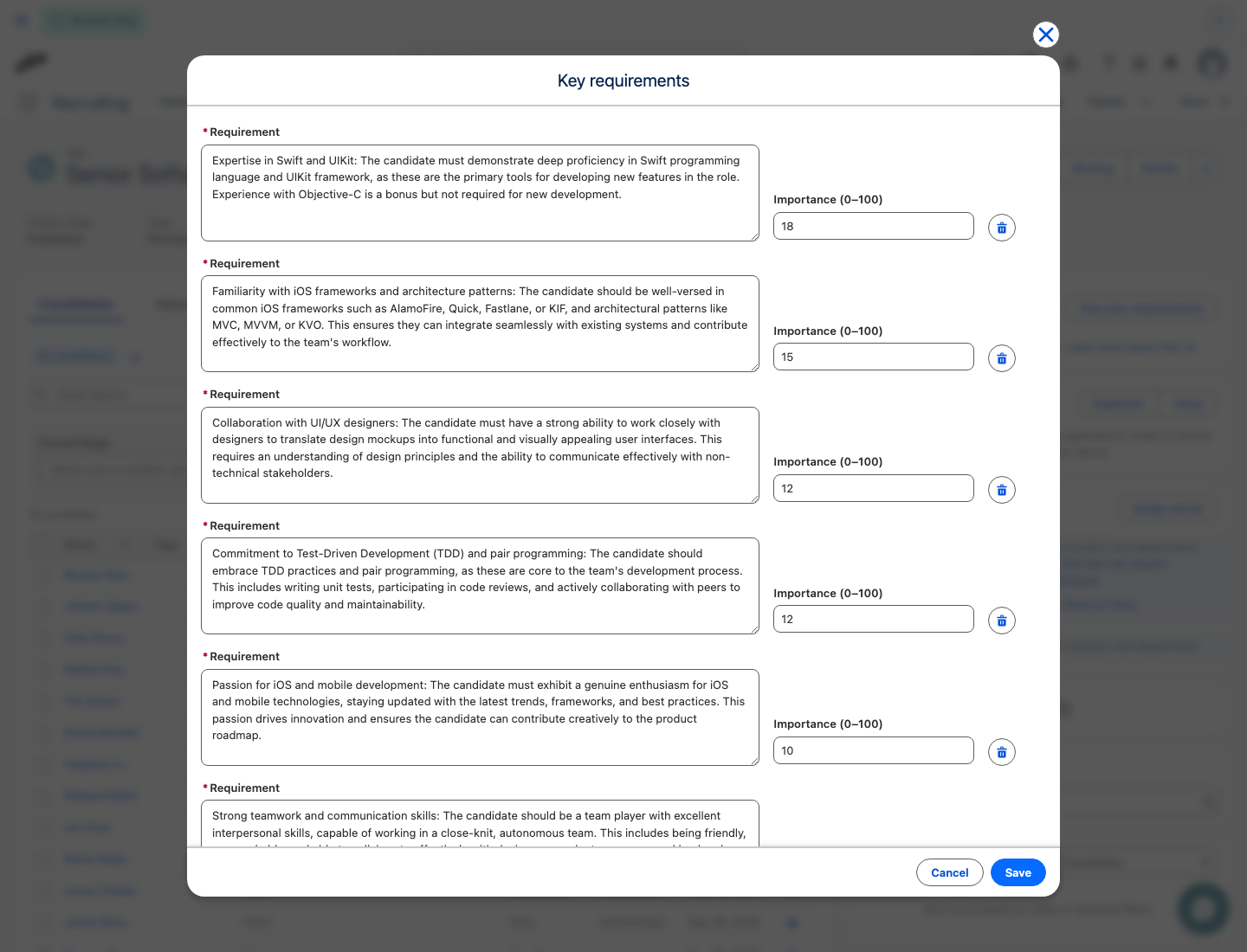 The Key requirements dialog listing each requirement with its importance and the Save button