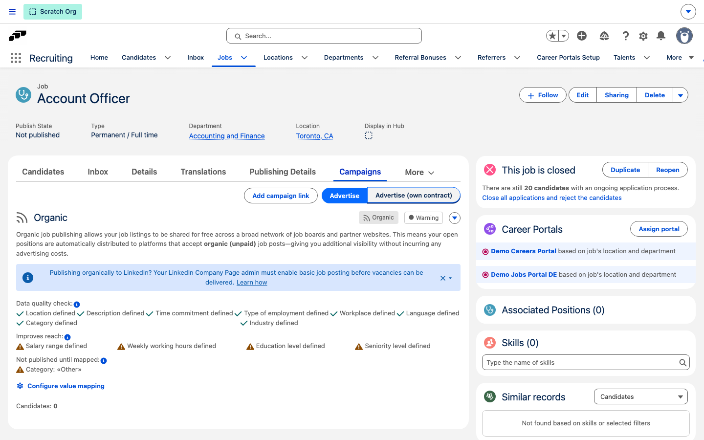 A job's Organic card showing Not published until mapped with the unmapped job category