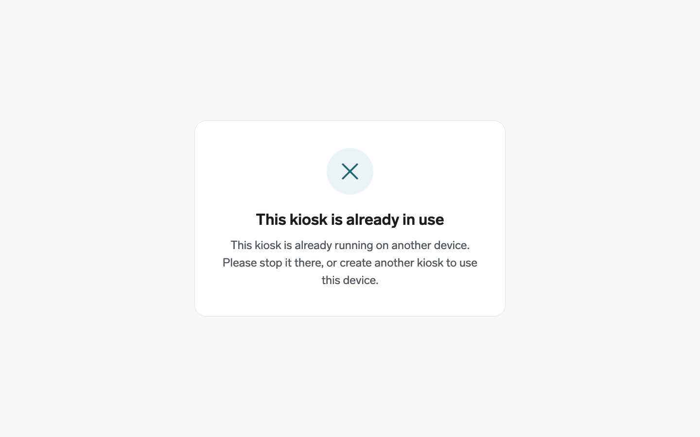 The flair Kiosk blocked screen on a second device, reading This kiosk is already in use