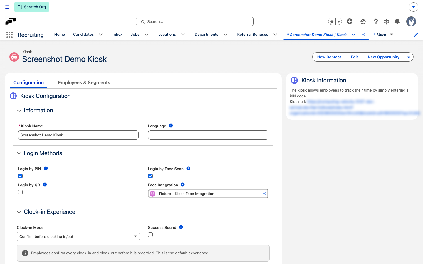 The Clock-in Experience section of a kiosk record, with the Clock-in Mode picklist and the Success Sound checkbox