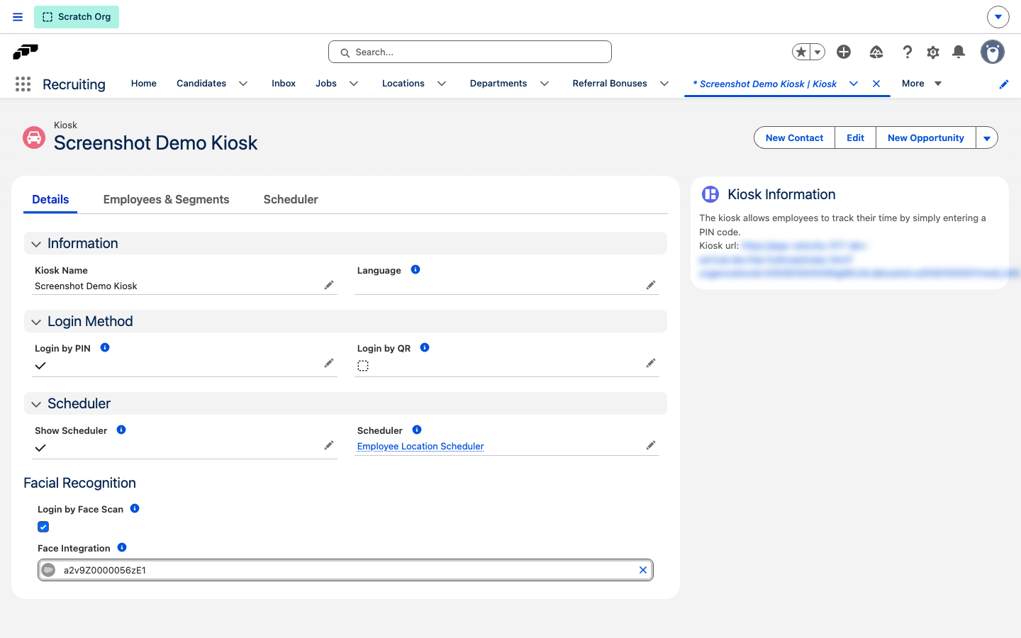 The Scheduler field section on a kiosk record, with Show Scheduler selected and a Scheduler chosen