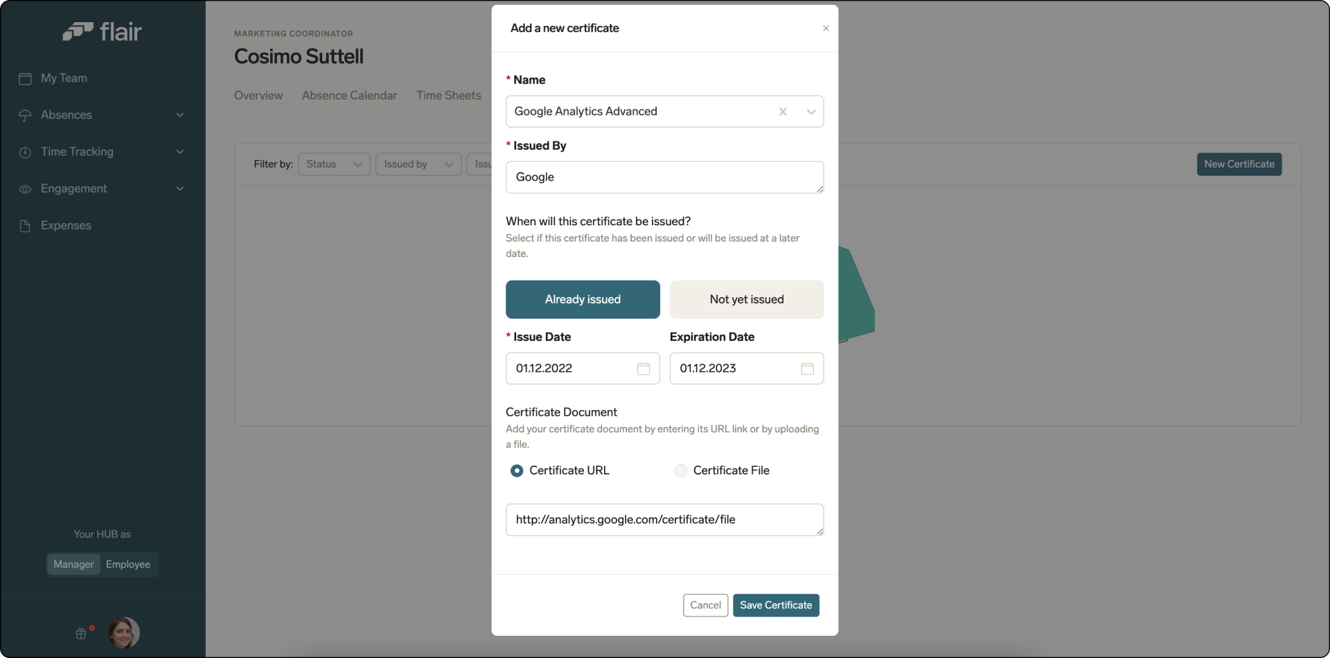 Uploading certificates in the manager view in the Employee Hub