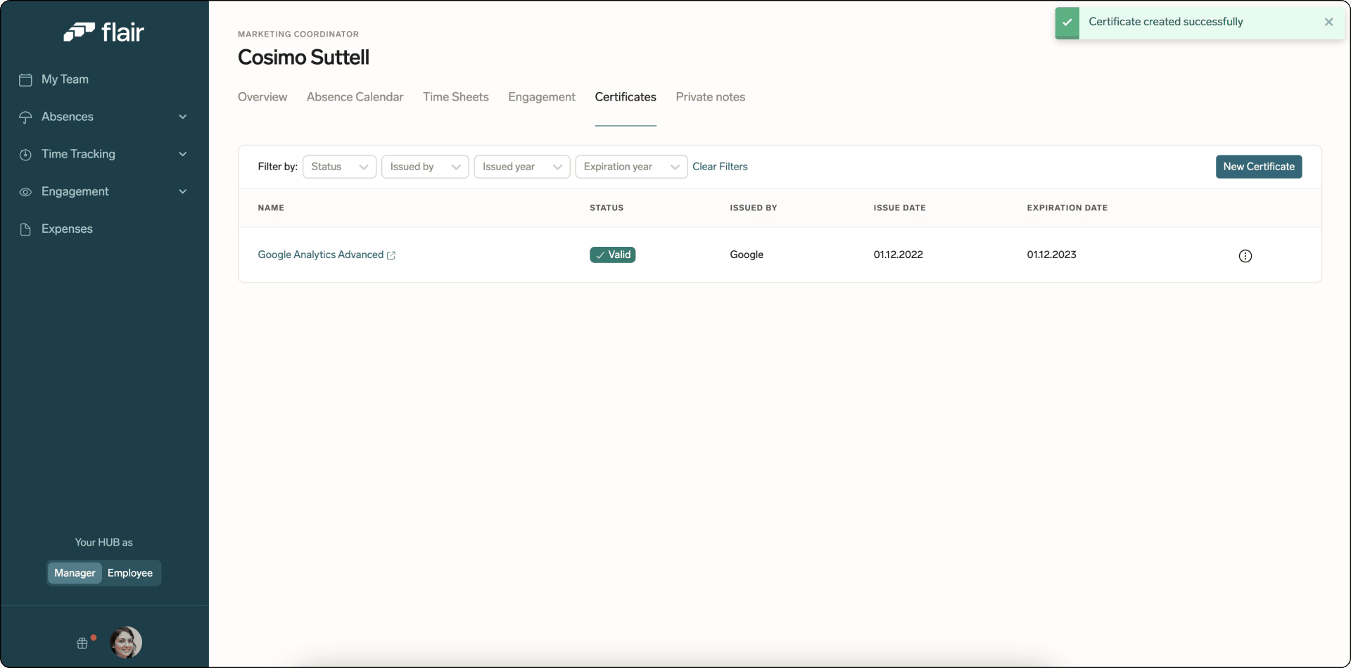 Employee certificates in the Manager view