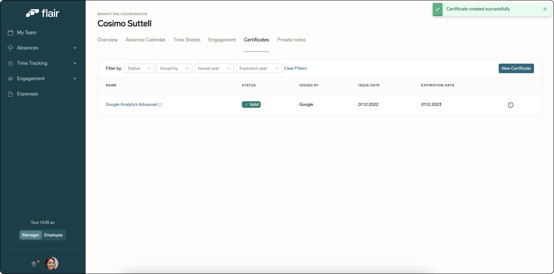 Managers can also check and upload employee certificates
