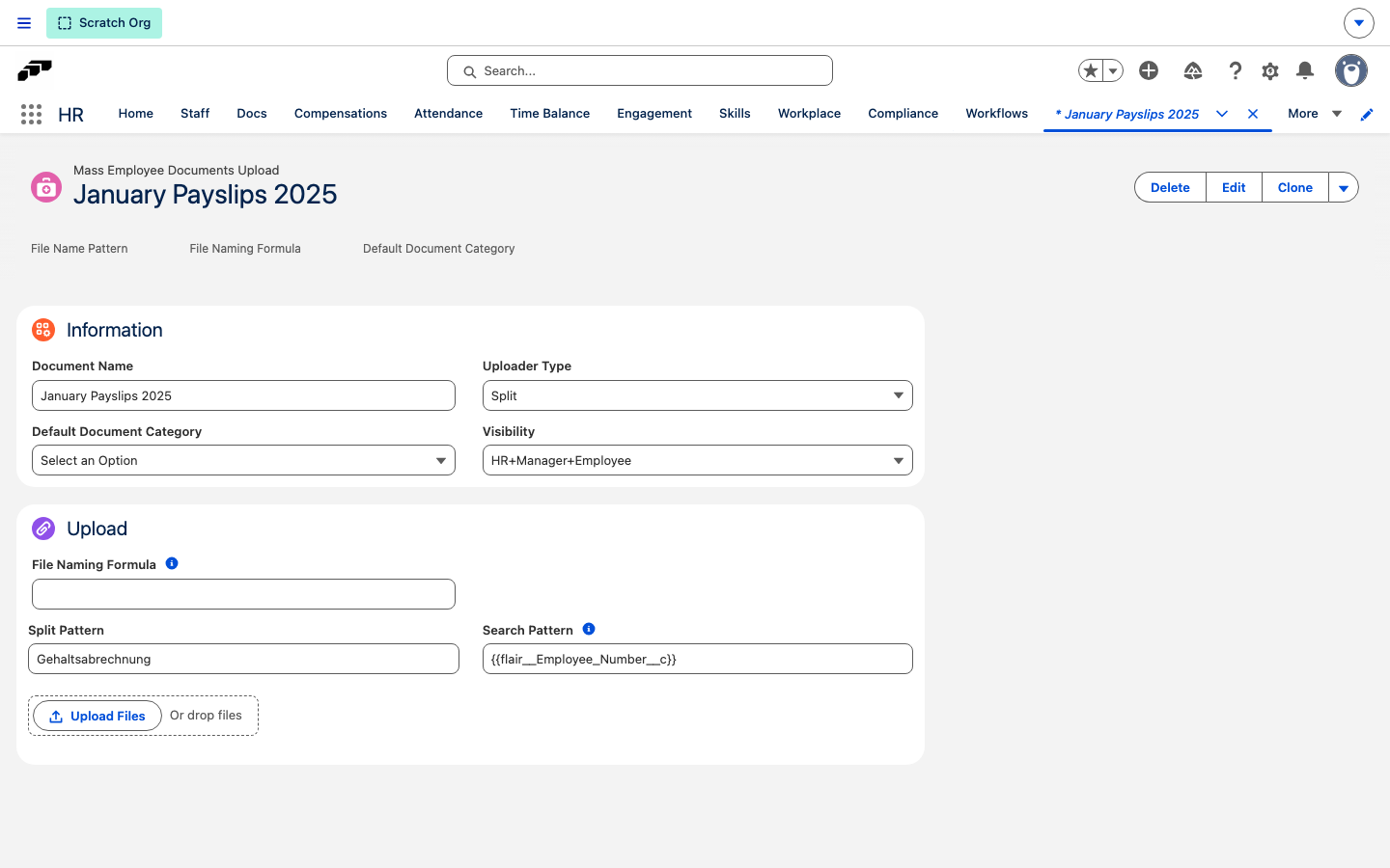 A Mass Employee Documents Upload with Uploader Type Split, showing the Split Pattern and Search Pattern fields and the Upload Files button