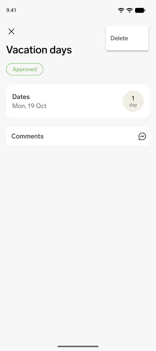 The absence details screen in the flair mobile app with the three-dot menu open on Delete