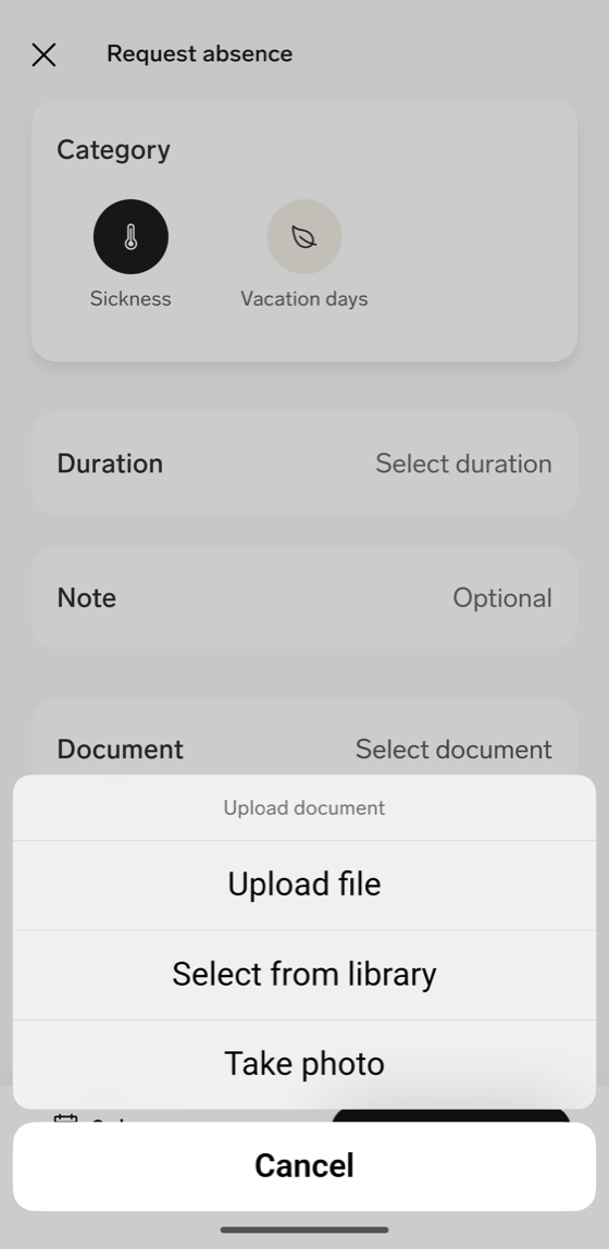 The Request absence screen in the flair mobile app with the Upload document options open over the Document field