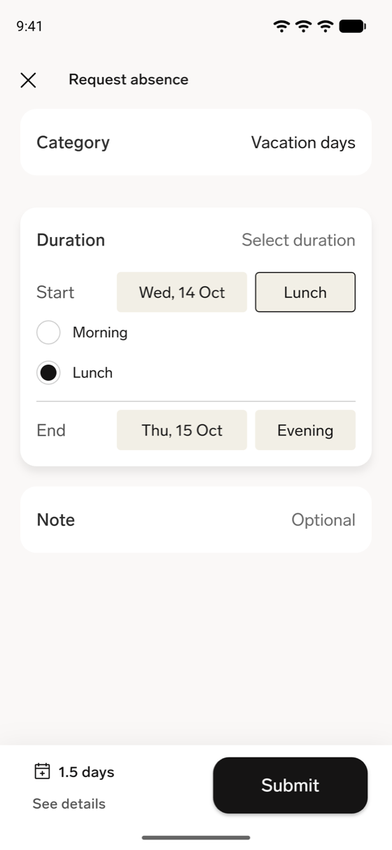 The Duration section of the Request absence screen in the flair mobile app with Start set to Lunch for a half day