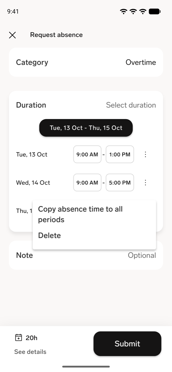 The Duration section in the flair mobile app for an hourly category, with per-day start and end times and a day's menu open on Copy absence time to all periods