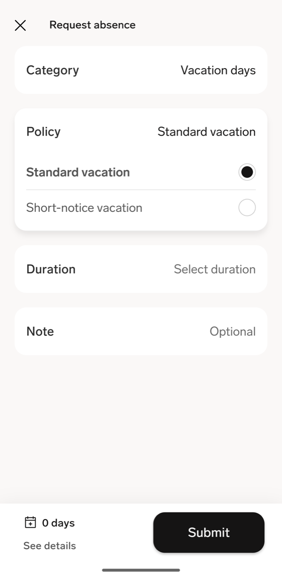 The Request absence screen on mobile with the Policy field expanded and Standard vacation selected