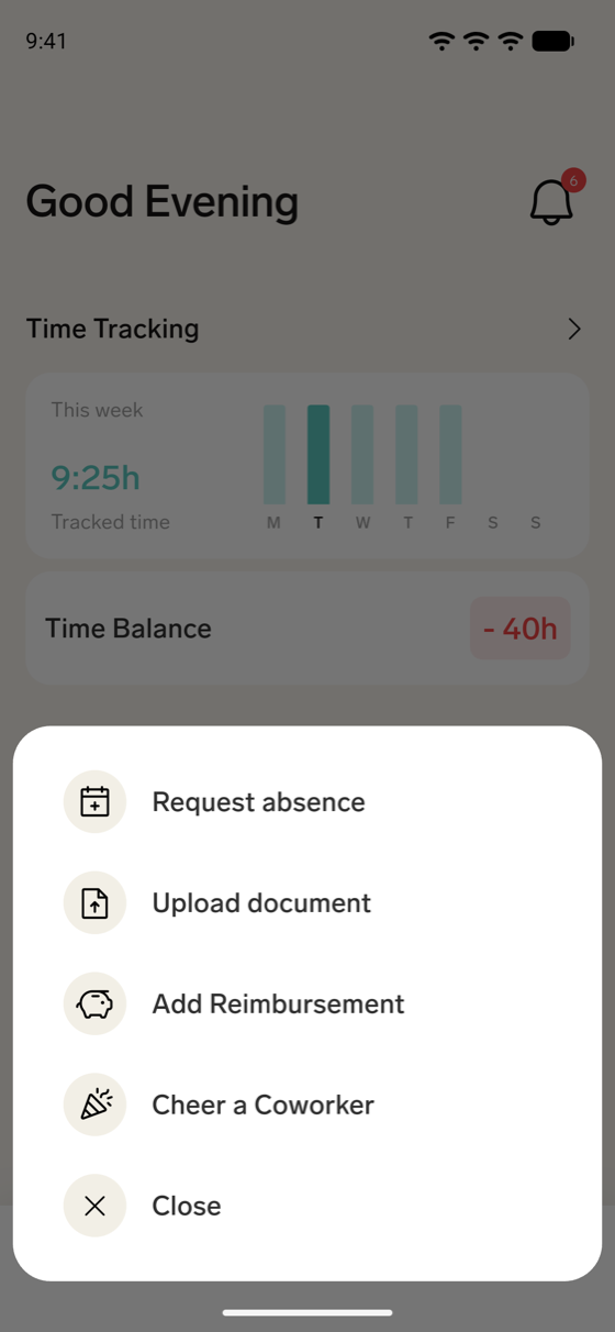 The Add menu in the flair mobile app with Request absence, Upload document, Add Reimbursement, Cheer a Coworker, and Close