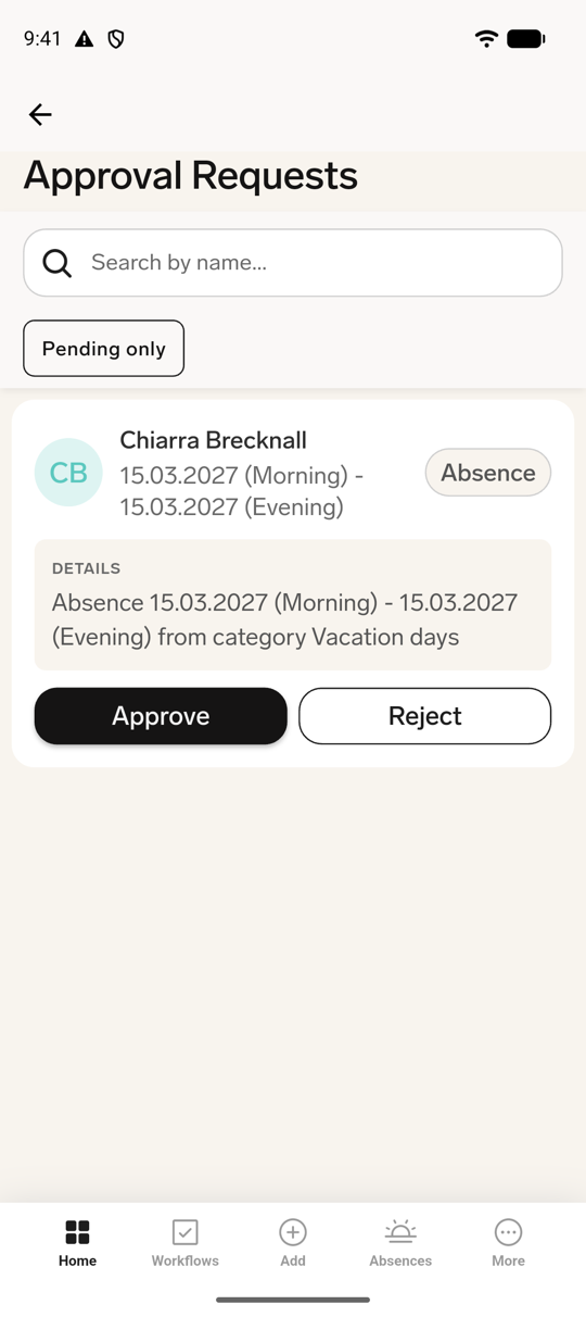 The mobile Approval Requests list with the record-specific DETAILS card for an absence request, above Approve and Reject
