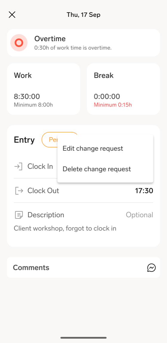 A pending time entry in the flair mobile app with its menu open, showing Edit change request and Delete change request