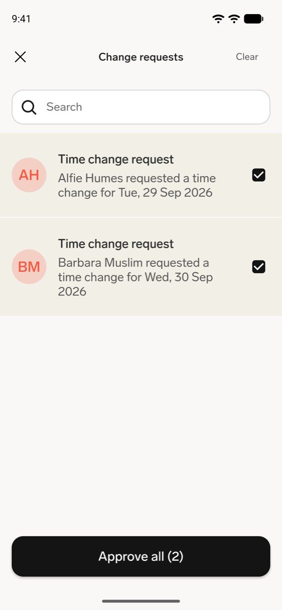 The Change requests list in the flair mobile app with two time change requests selected and the Approve all (2) button