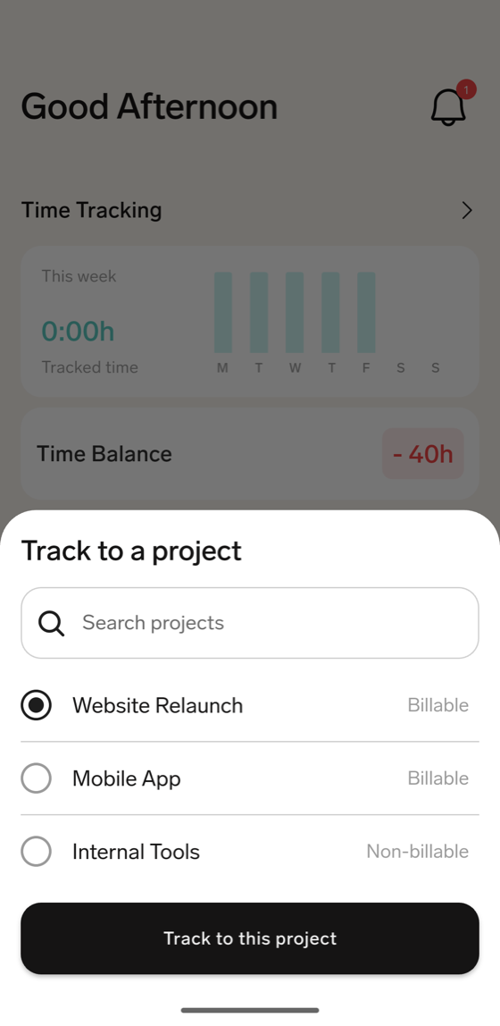The Track to a project sheet on mobile with a project selected and the Track to this project action