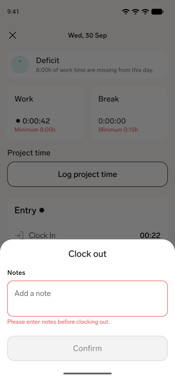 The Clock out sheet in the flair mobile app with the Notes field and the Confirm action