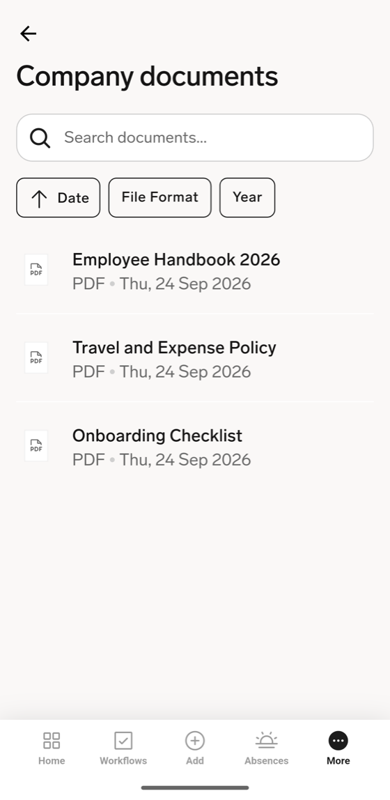 The Company documents list in the mobile app, with search, sort, and filter controls