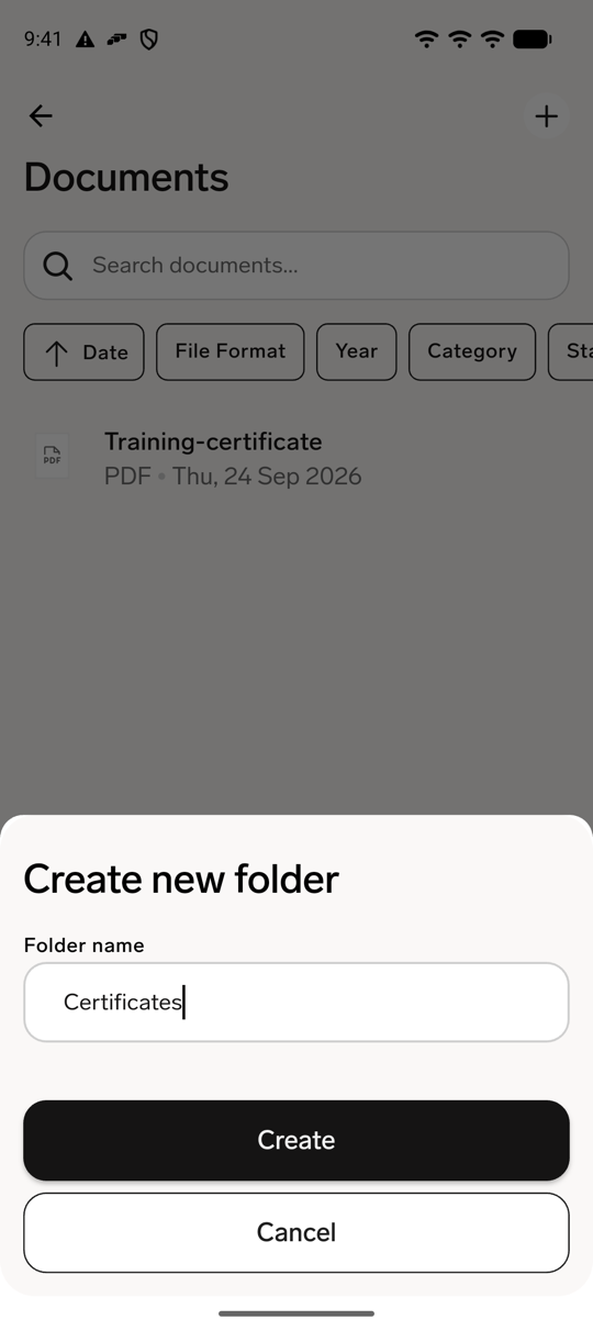 The Create new folder sheet on mobile with a Folder name entered and the Create button