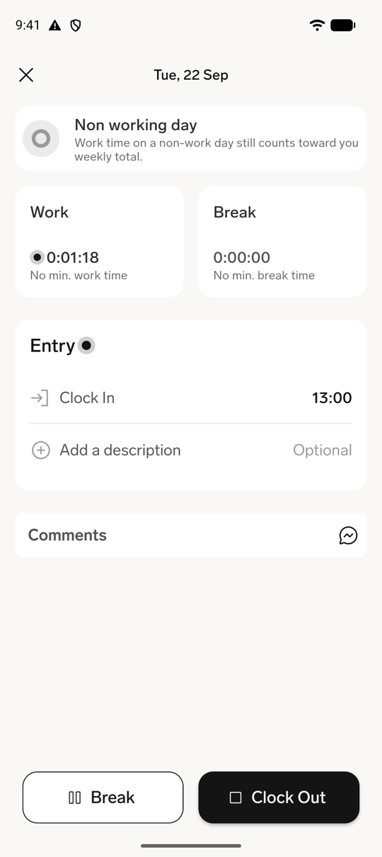 The day view of a running entry, with the Break and Clock Out actions