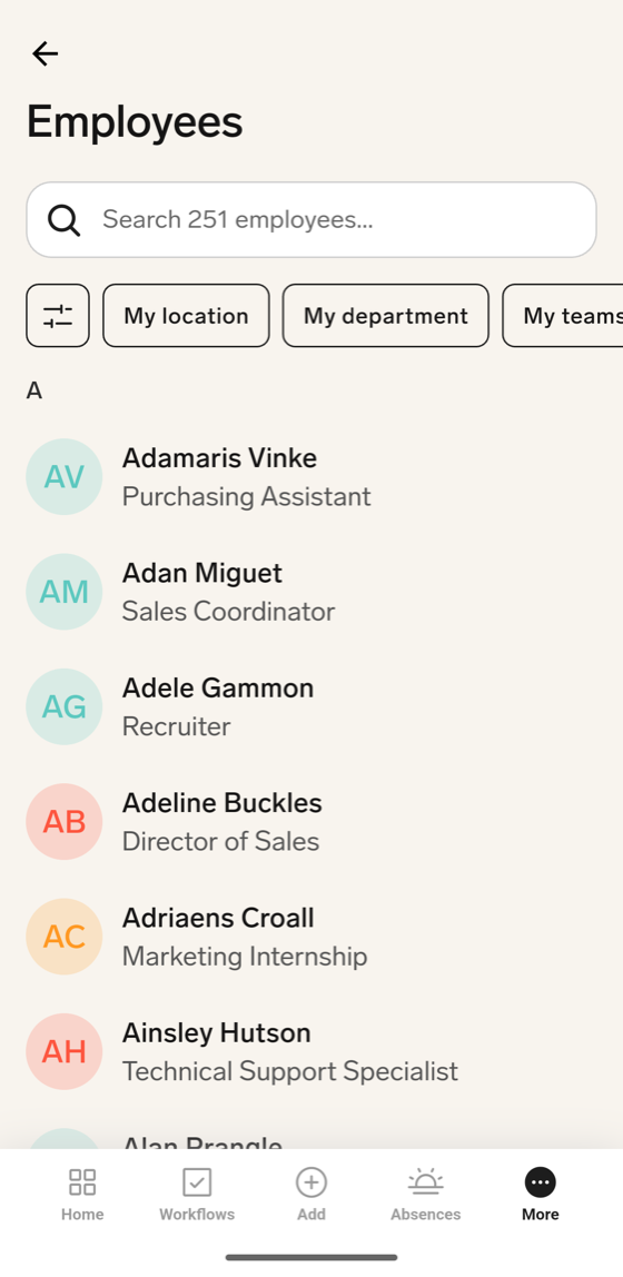 The Employees directory in the flair mobile app with the search field and the My location, My department, and My teams quick filters