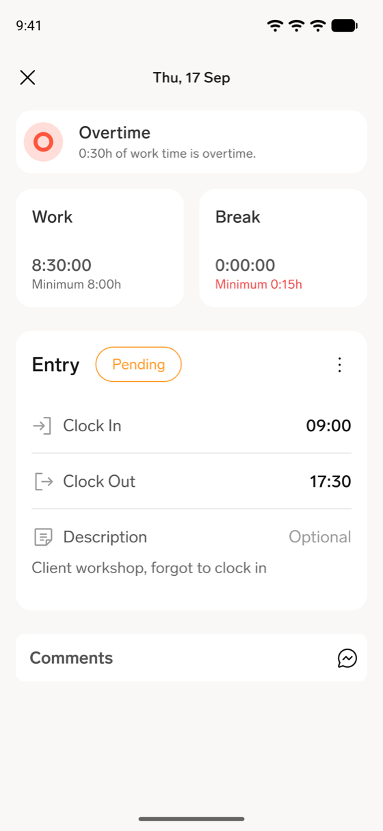 A time entry in the flair mobile app marked Pending after a correction was sent for approval
