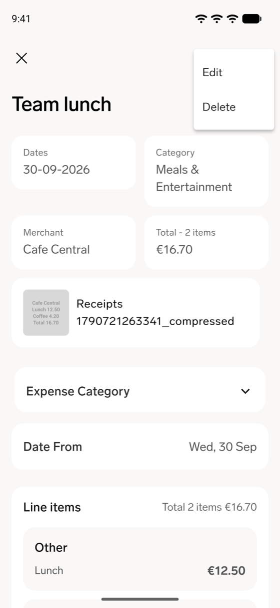 A draft expense in the flair mobile app with the three-dot menu open, showing Edit and Delete