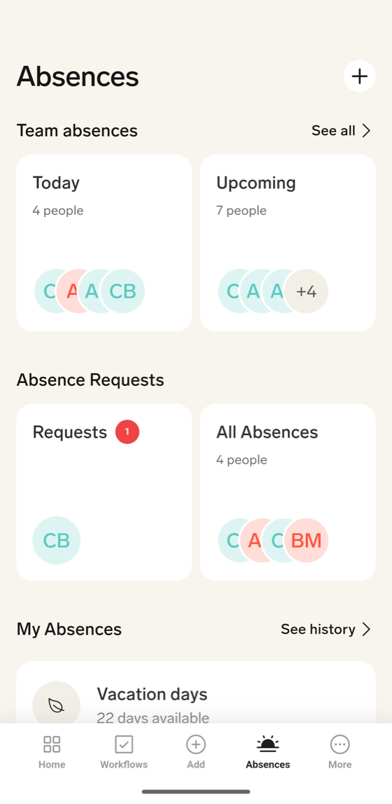 The Absences screen in the flair mobile app for a manager, with the Team absences cards and the Absence Requests block with Requests and All Absences