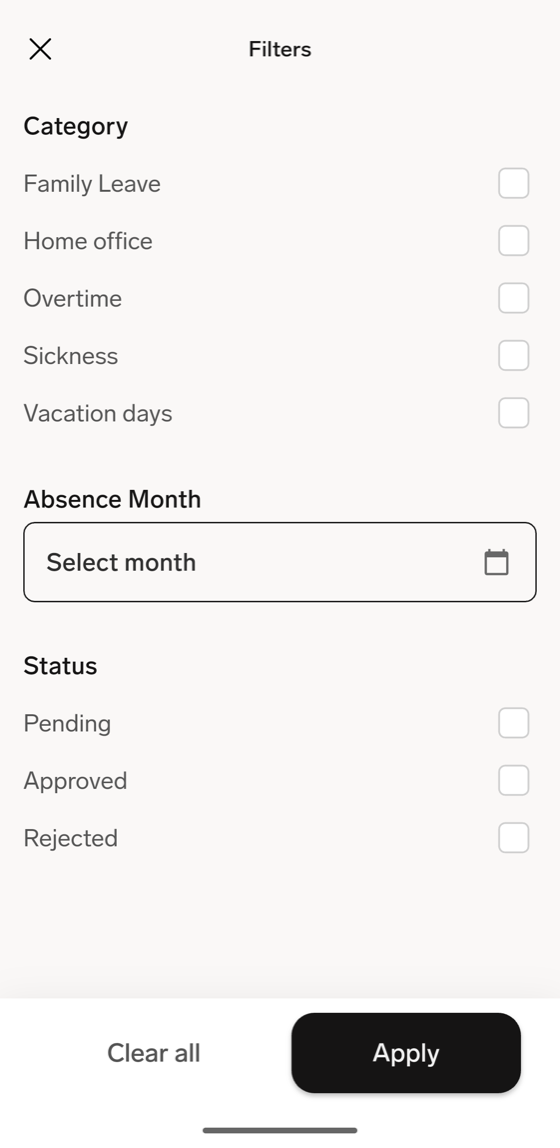 The All Absences Filters sheet in the flair mobile app with Category, Absence Month, and Status