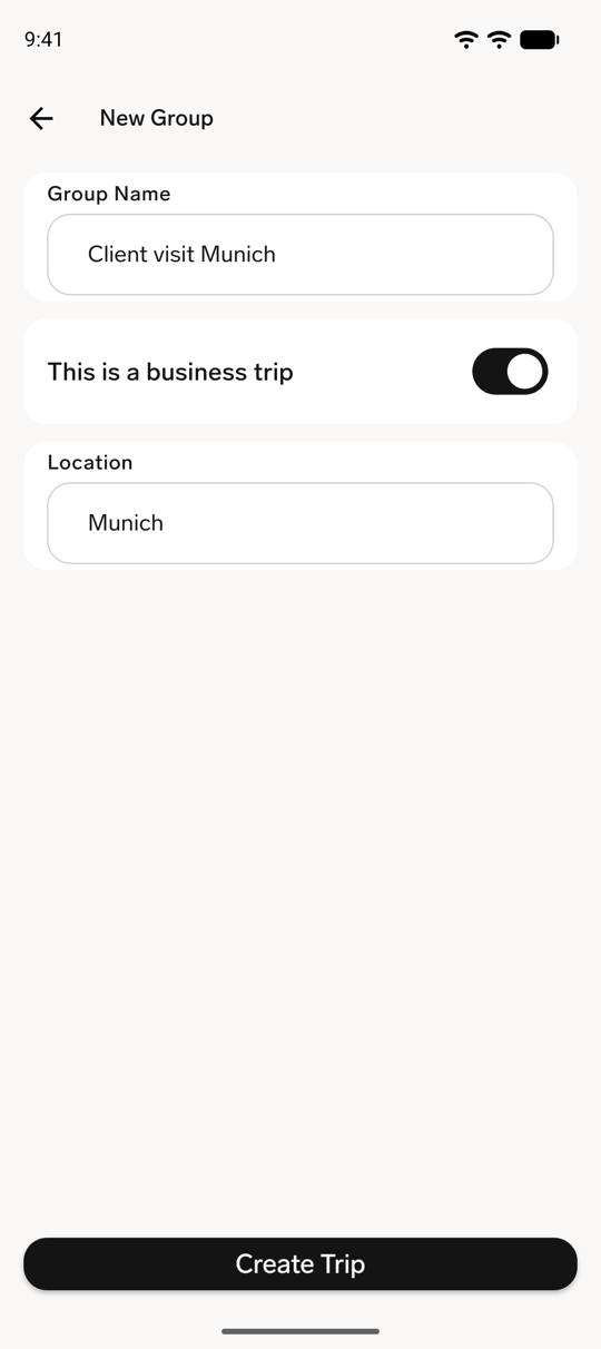 The New Group screen in the flair mobile app with This is a business trip turned on, a Location, and the Create Trip button