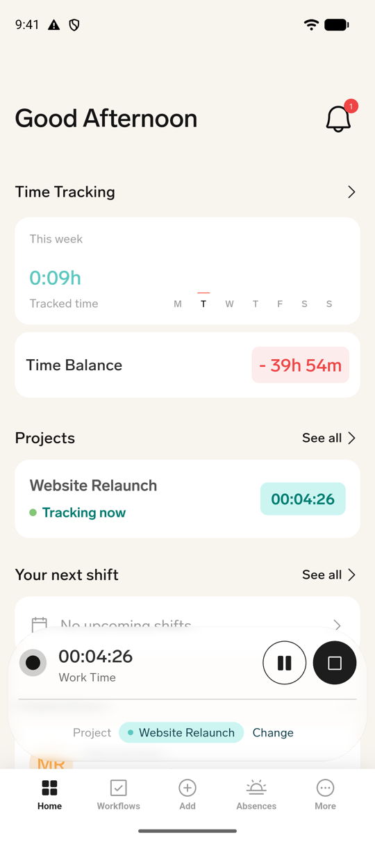 The mobile home screen with the Projects widget showing Tracking now for a project, and the project chip on the running timer