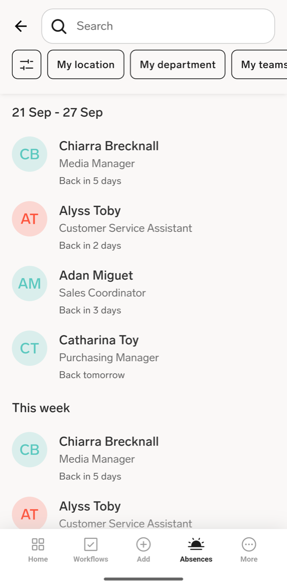 The Team absences list in the flair mobile app with the My location, My department, and My teams quick filters
