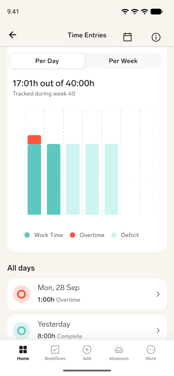 The Time Entries screen in the flair mobile app with the Overview chart and the All days list