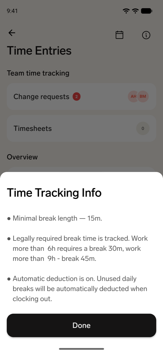 The Time Tracking Info sheet in the flair mobile app listing the minimal break length, the legally required breaks, and automatic deduction