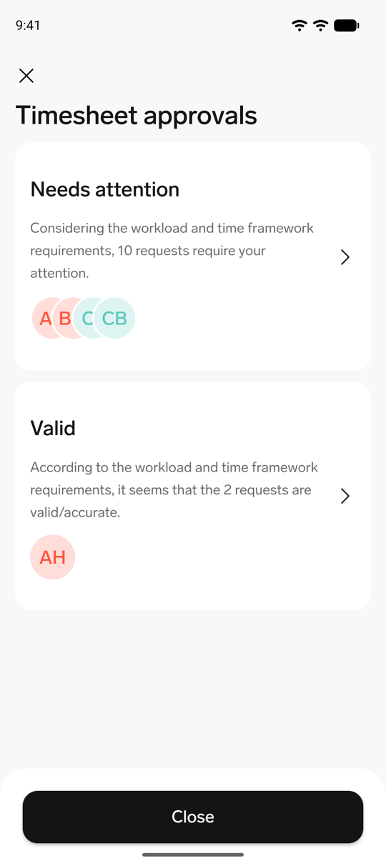 The Timesheet approvals screen in the flair mobile app with the Needs attention and Valid cards