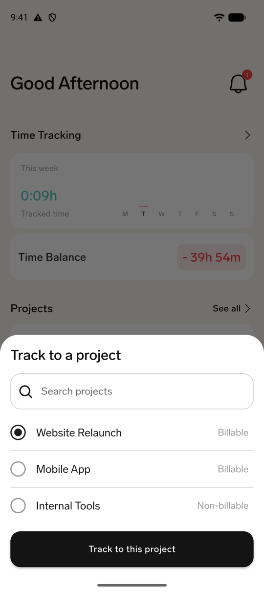 The Track to a project picker with a project selected and the Track to this project action