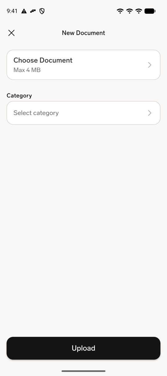 The New Document screen in the flair mobile app with Choose Document, Select category, and the Upload button