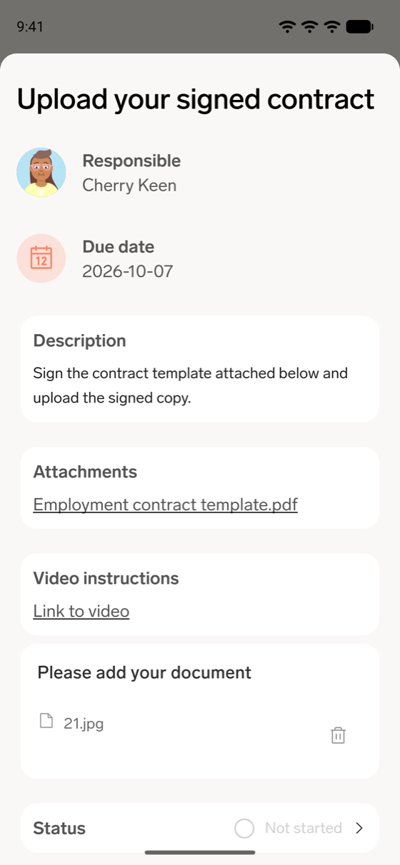 A file-request workflow task on mobile with Attachments, Video instructions, and an uploaded file with its trash icon