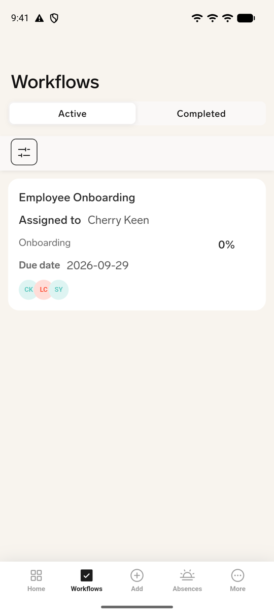 The Workflows tab in the flair mobile app with the Active and Completed tabs, the filter button, and a workflow card with progress, due date, and responsibles