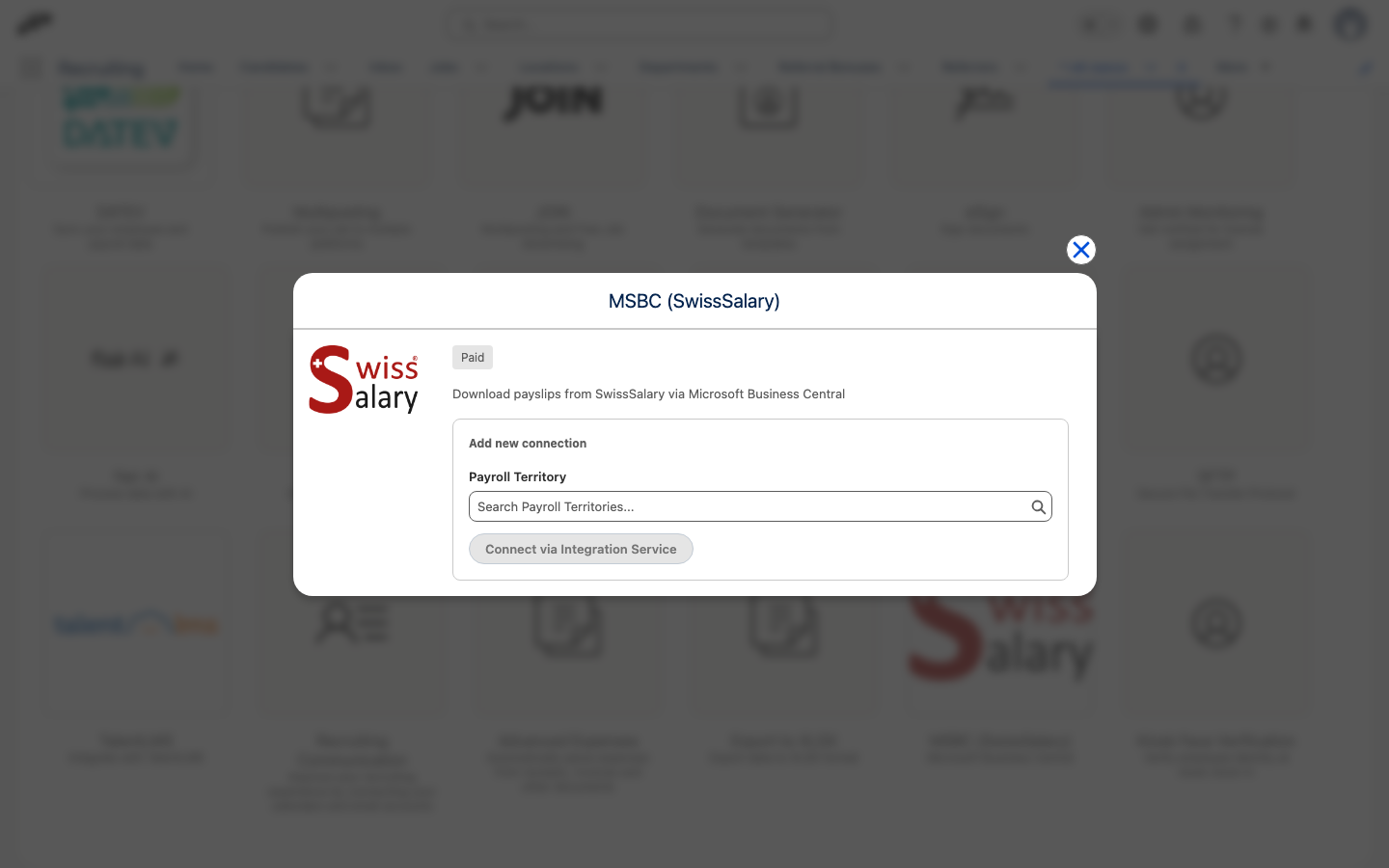 The MSBC (SwissSalary) integration being added from the Integrations tab under HR Admin in Salesforce