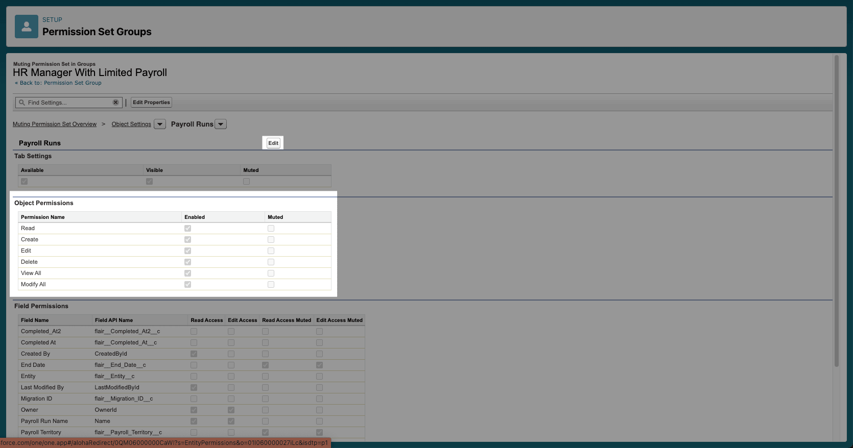 Edit action for object permissions in a muting permission set