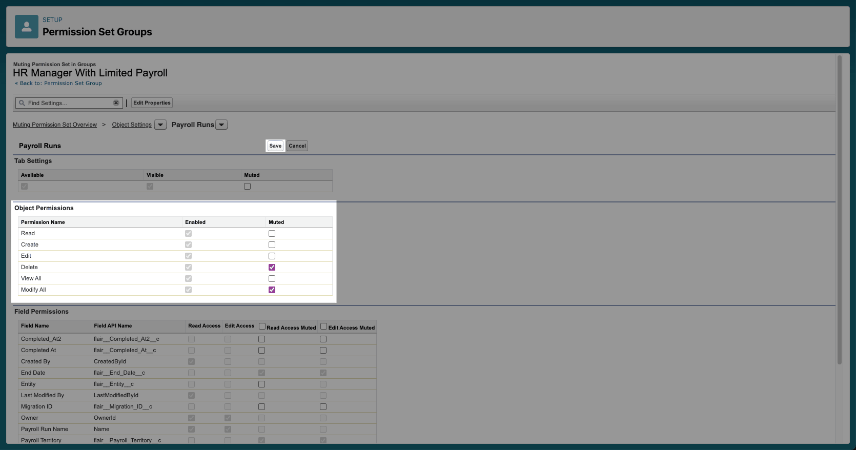Muted object and field permissions in a permission set