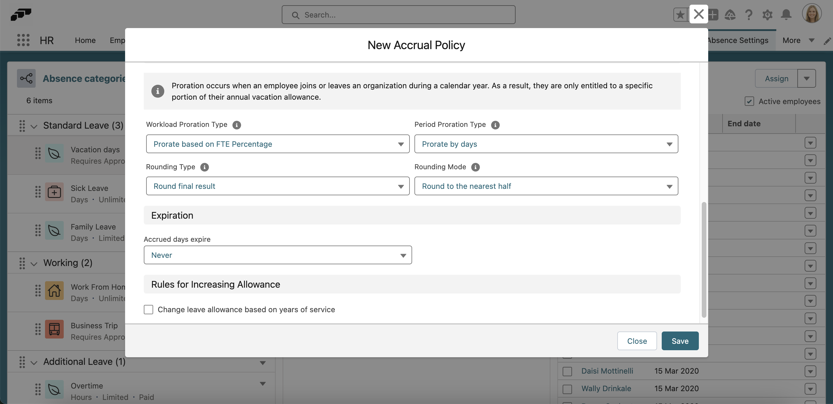 Define the proration settings for your new accrual policy