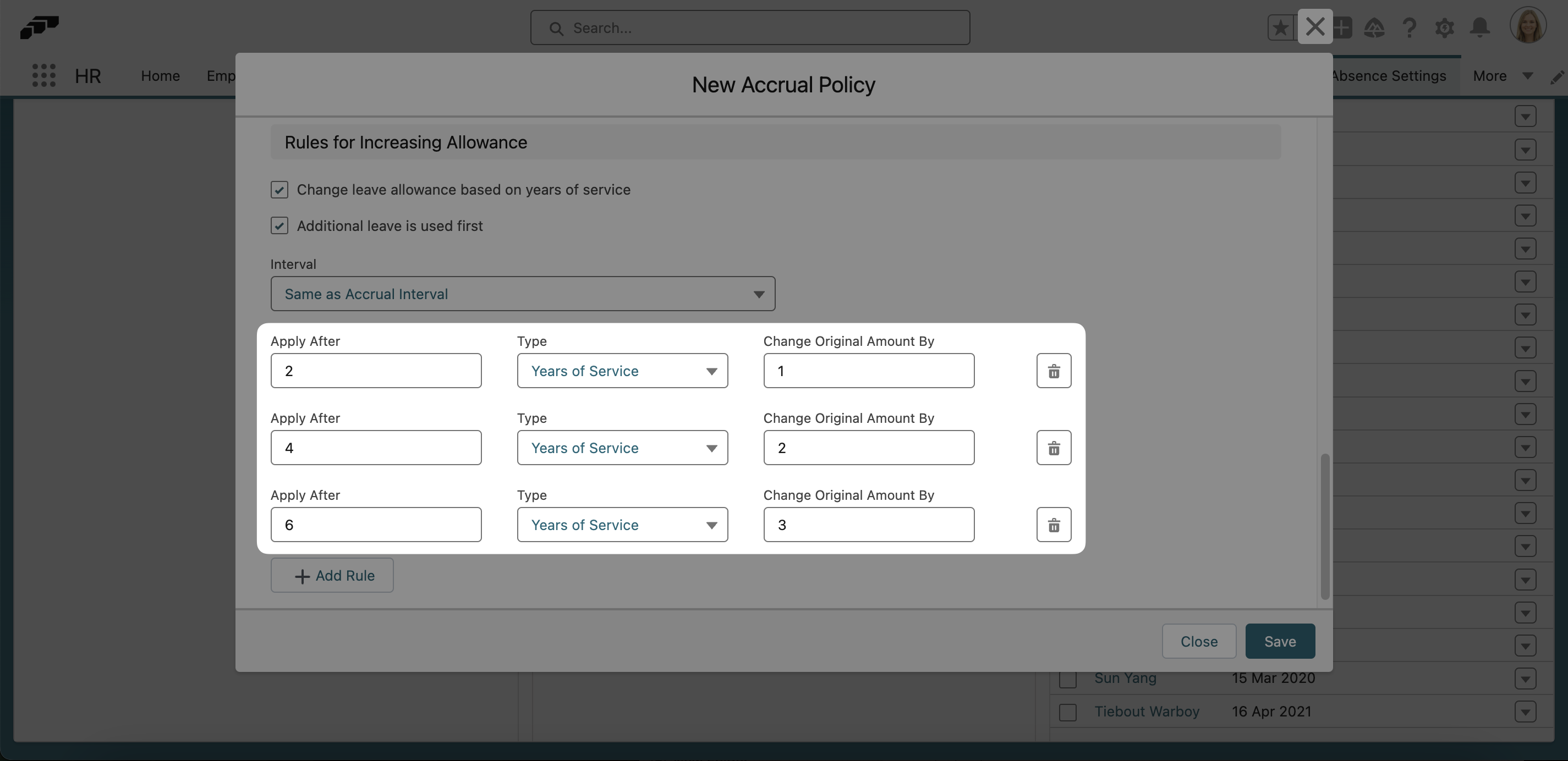 Applying rules to increase absence entitlement based on years of service