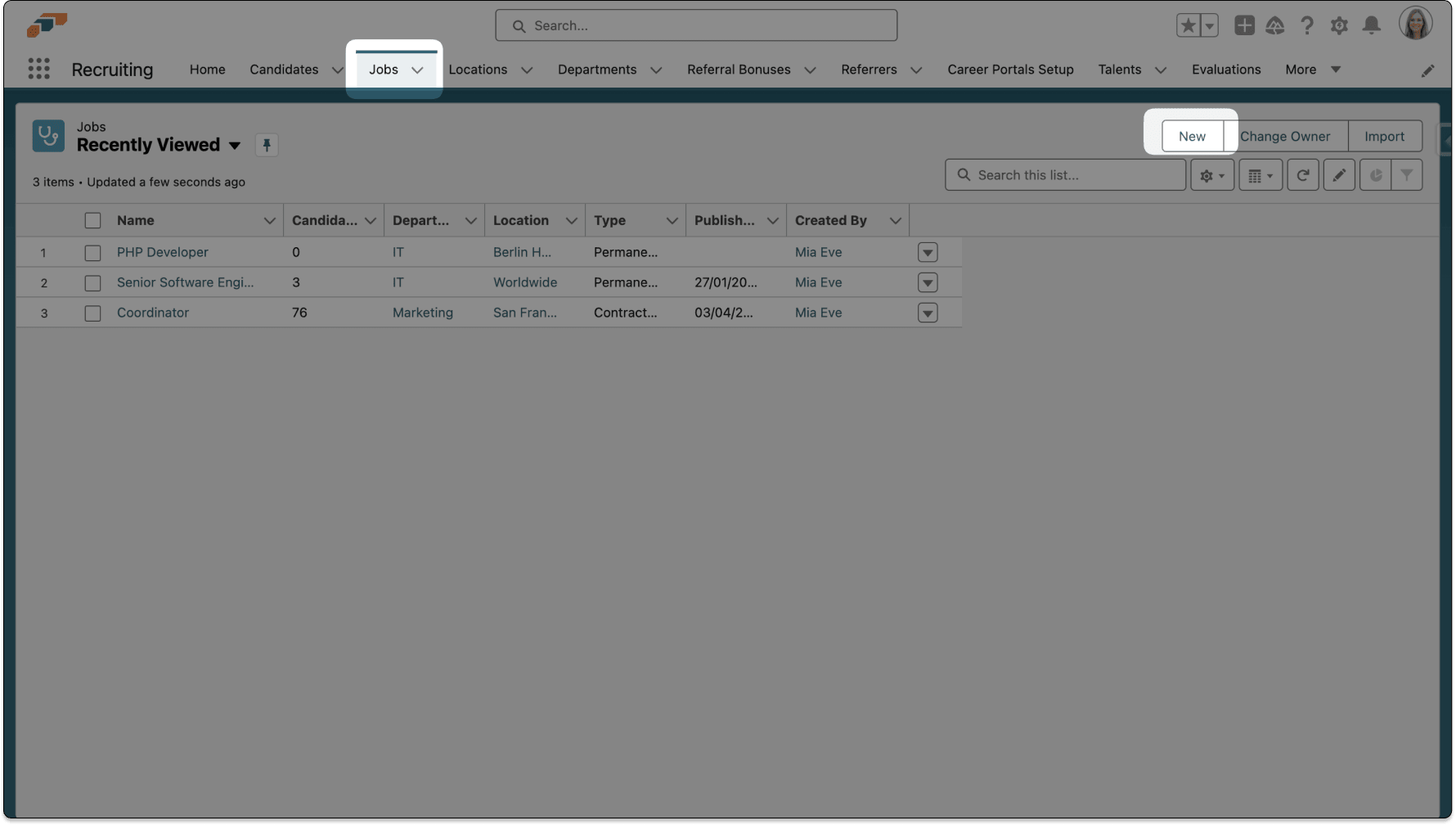 The New action on the Jobs page